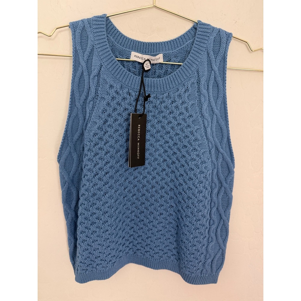 Rebecca Minkoff Women Blue Cable Knit Sweater Vest Sleeveless Crew Neck Sz M NWT